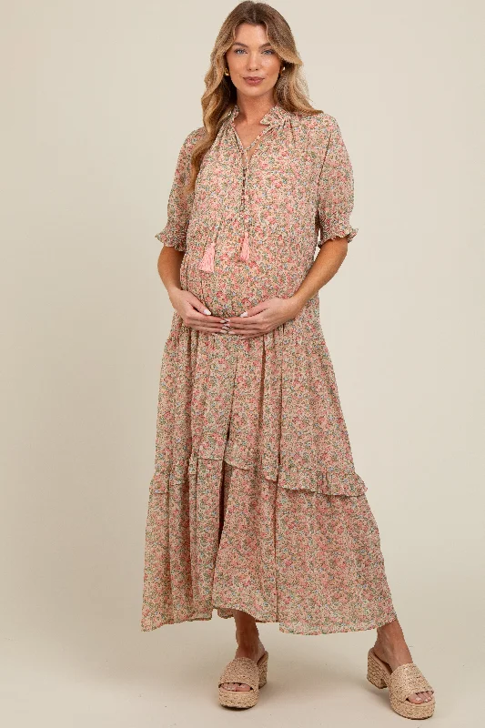 Peach Floral Chiffon Button Front Tiered Maternity Midi Dress