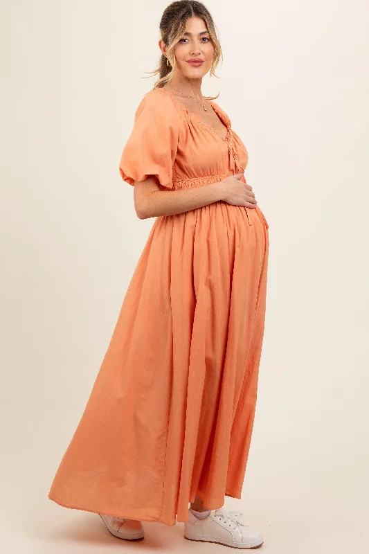 Peach Smocked Puff Sleeve Maternity Maxi Dress