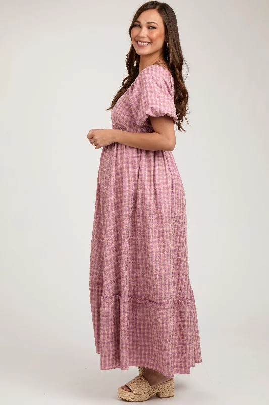 Pink Plaid Puff Sleeve Maternity Maxi Dress