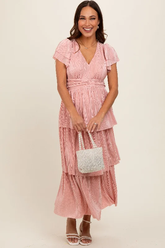 Pink Pleated Tiered Maternity Midi Dress