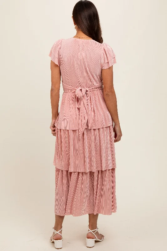 Pink Pleated Tiered Maternity Midi Dress