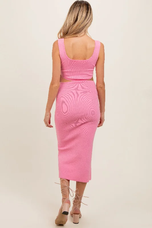 Pink Sleeveless Side Cutout Maternity Midi Dress