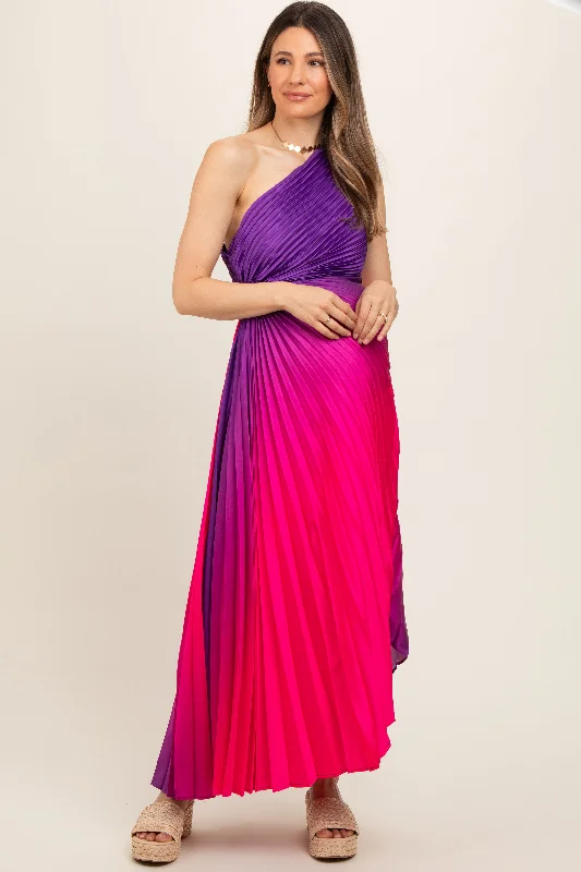 Purple Ombre Pleated Asymmetrical Maternity Maxi Dress