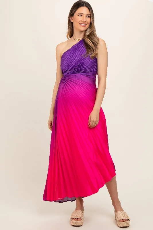 Purple Ombre Pleated Asymmetrical Maternity Maxi Dress