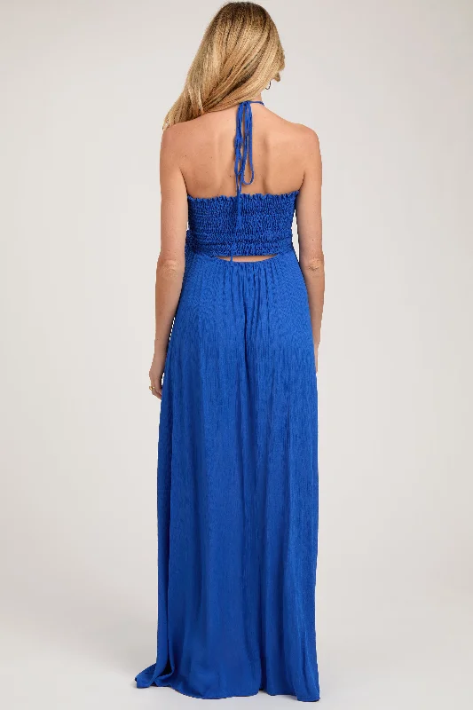 Royal Blue Smocked Halter Maternity Maxi Dress