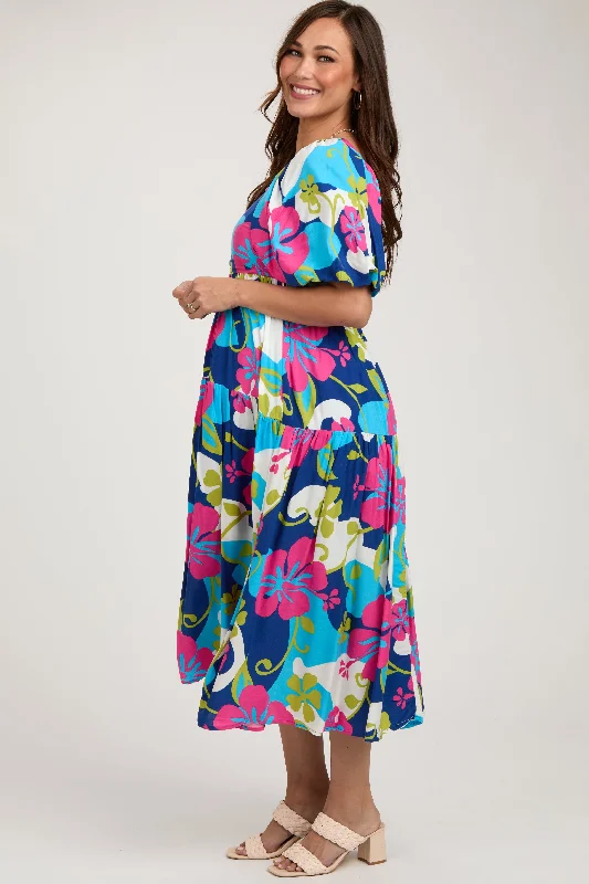 Royal Floral Tiered Puff Sleeve Maternity Midi Dress