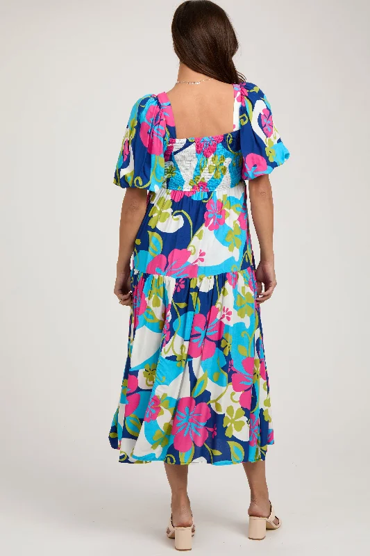 Royal Floral Tiered Puff Sleeve Maternity Midi Dress