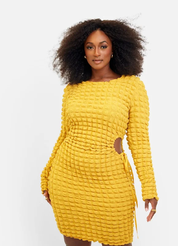 Scorpio Popcorn Smocking Cut Out Mini Bodycon Dress - Mustard