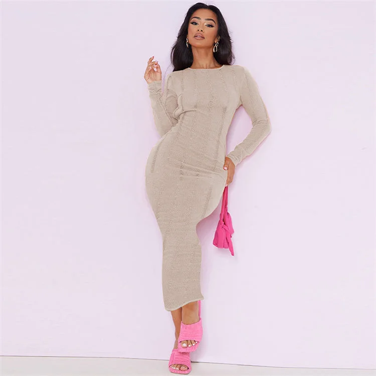 Sexy Knit Hollow Out Bodycon Maxi Dresses Club Outfit For Women 2023 Long Sleeve Backless Party Long Dress