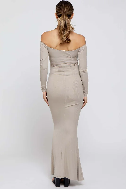 Taupe Ribbed Off Shoulder Long Sleeve Maternity Maxi Dress