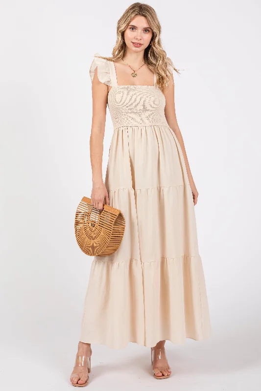 Taupe Sleeveless Smocked Tiered Maternity Maxi Dress