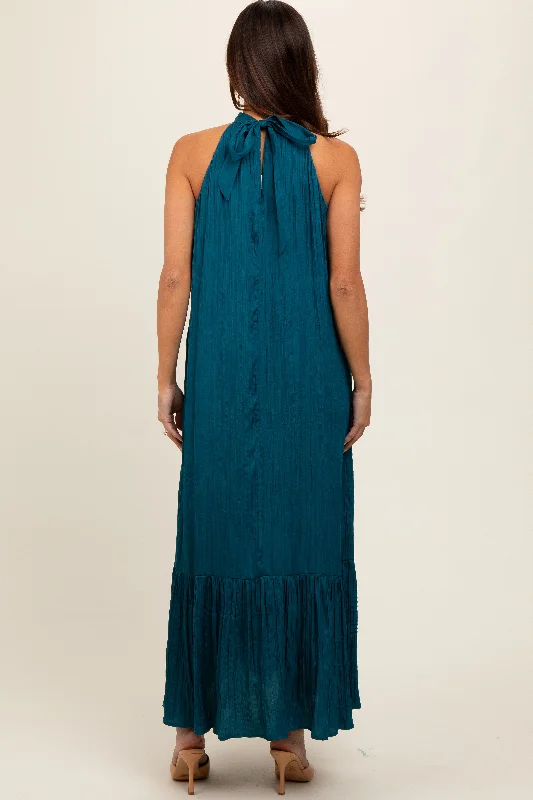 Teal Textured Halter Tie Maternity Maxi Dress