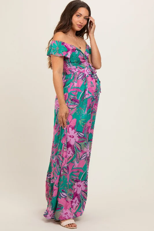 Violet Floral Smocked Off Shoulder Maternity Maxi Dress