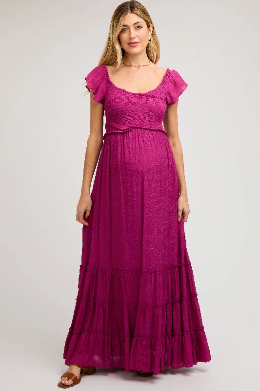 Violet Smocked Crossover Off Shoulder Maternity Maxi Dress