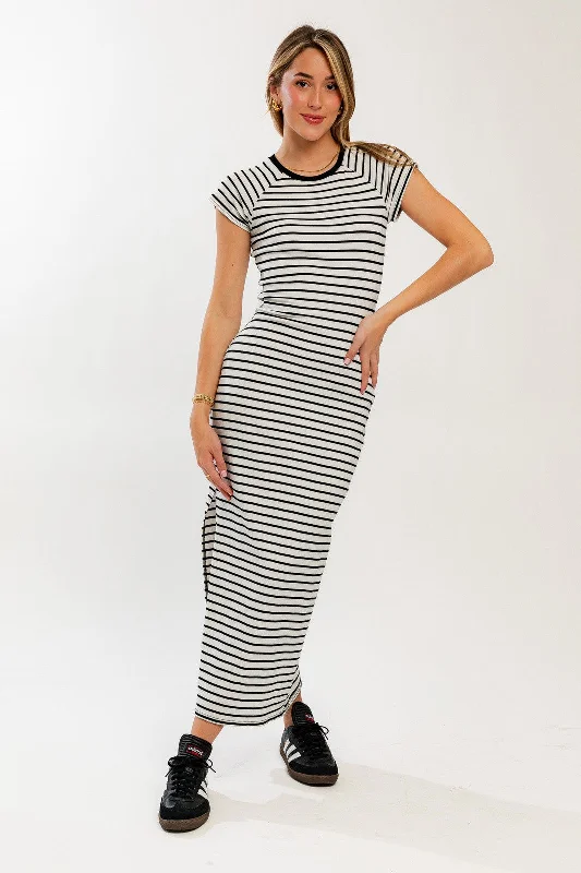 White Black Striped Side Slit Fitted Maternity Maxi Dress