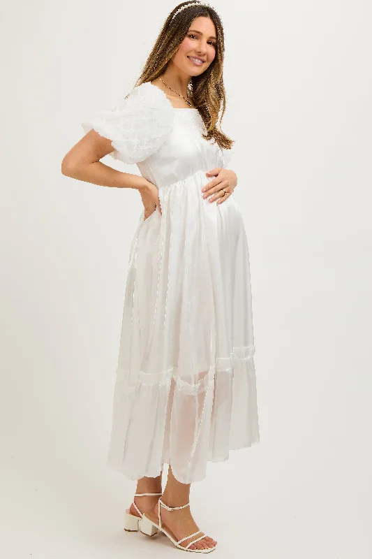 White Iridescent Textured Puff Sleeve Maternity Midi Dress