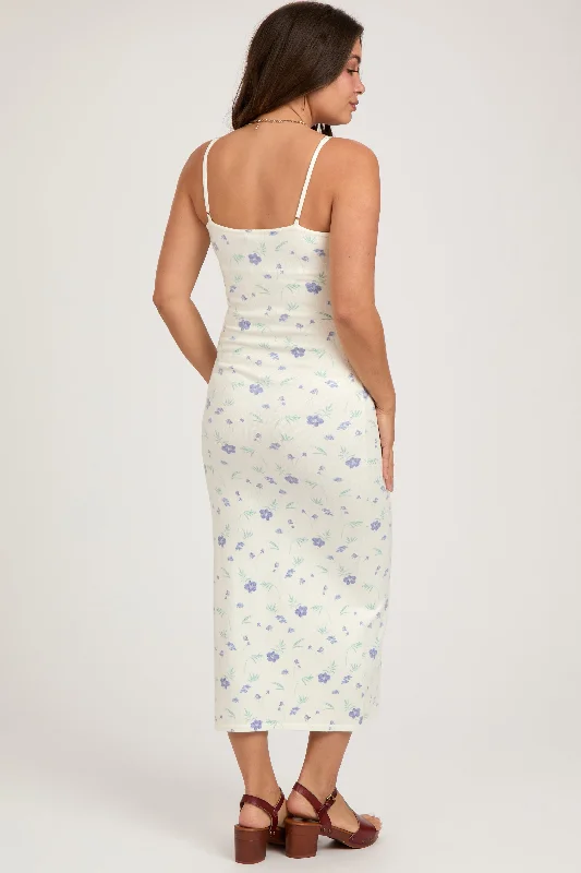 White Ultra Soft Knit Floral Sleeveless Maternity Midi Dress