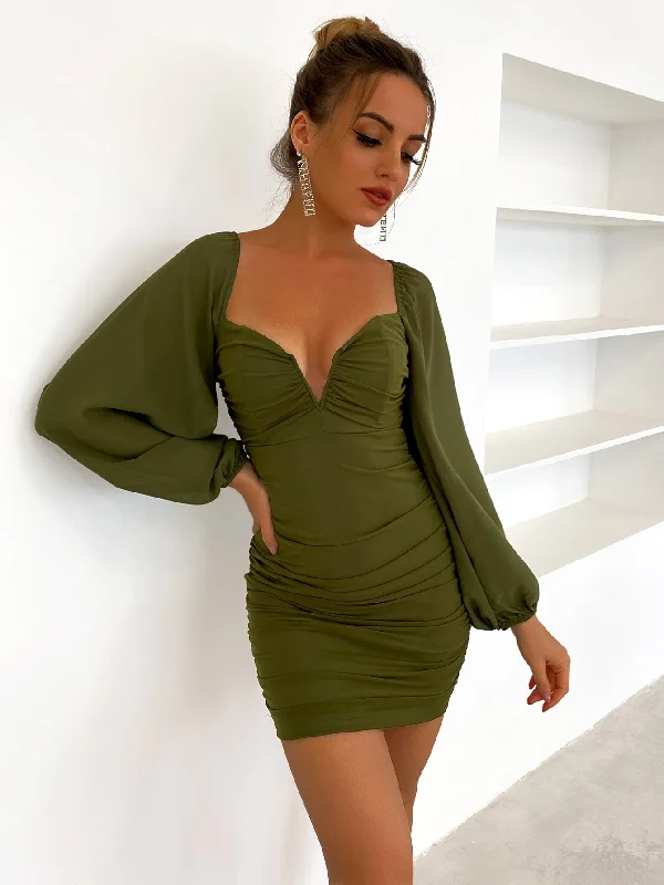 Lantern Sleeve Ruched Bodycon Dress