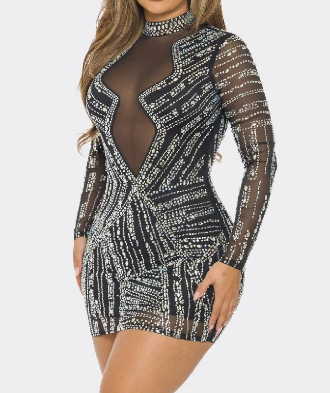 Women's Mock Neck Bodycon Dress with Rhinestone - BAJBCCDS62866