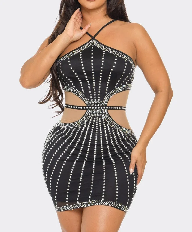 Women's Rhinestone Halter Neck Bodycon Dress - BAJBCCDS44168