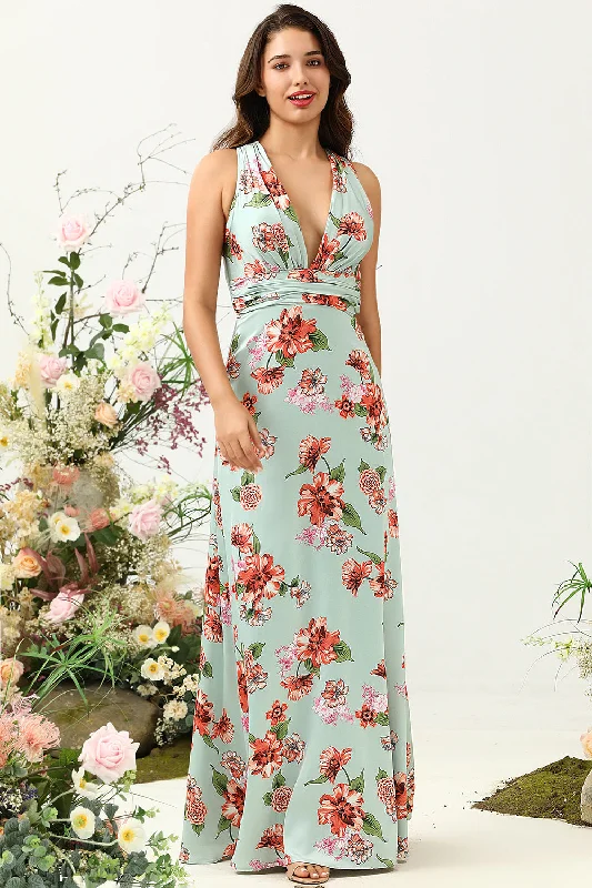 A Line Deep V Neck Green Printed Long Bridesmaid Dress