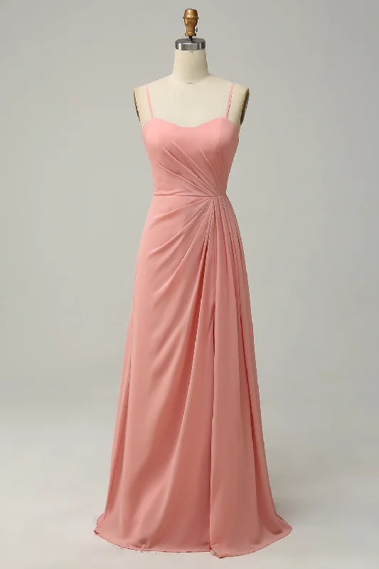 A Line Spaghetti Straps Blush Long Bridesmaid Dress with Split Front