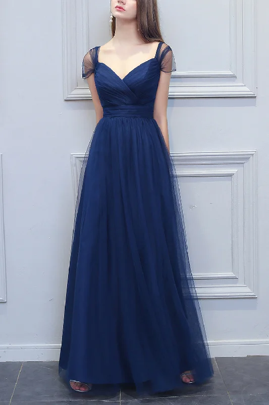 A-line V-neck Long Tulle Bridesmaid Dress