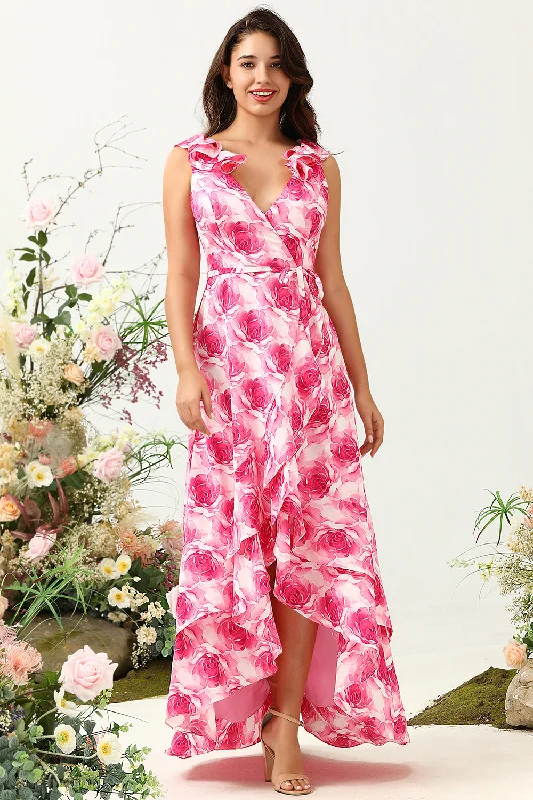 A Line V Neck Pink Flower Printed Long Bridesmaid Dress with Ruffles