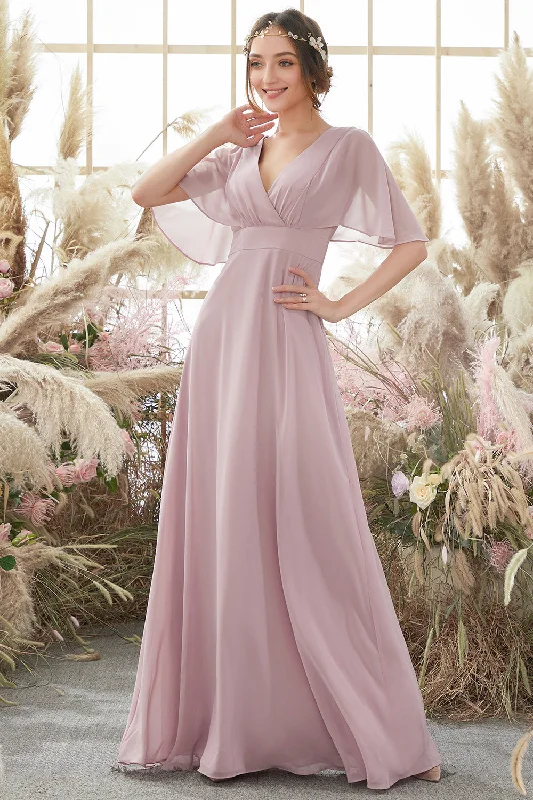 Blush Batwing Sleeves Chiffon Bridesmaid Dress