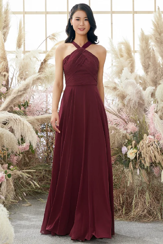 Burgundy Halter Chiffon Bridesmaid Dress