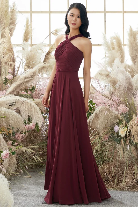 Burgundy Halter Chiffon Bridesmaid Dress