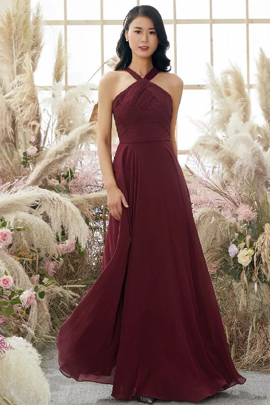 Burgundy Halter Chiffon Bridesmaid Dress