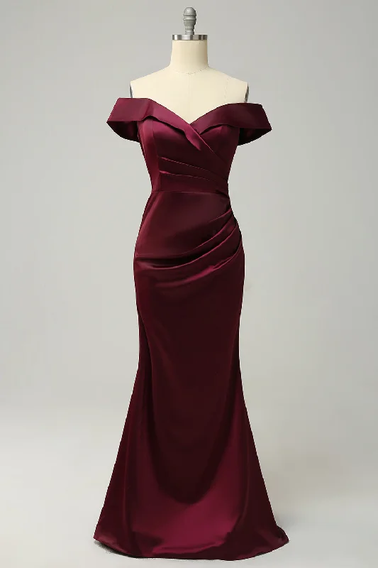 Burgundy Off The Shoulder Sheath Long Bridesmaid Dress