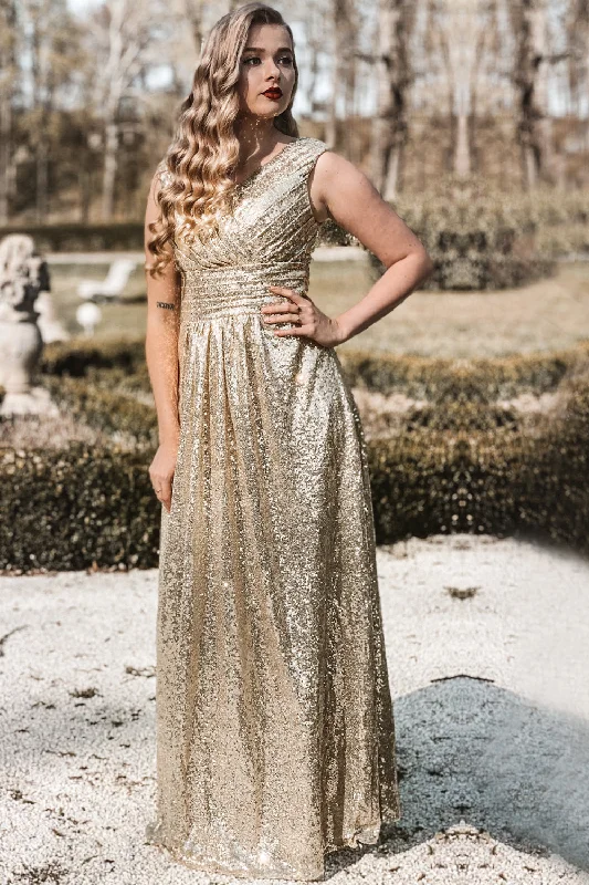 Gold V Neck Sequin Prom Bridesmaid