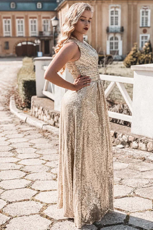 Gold V Neck Sequin Prom Bridesmaid