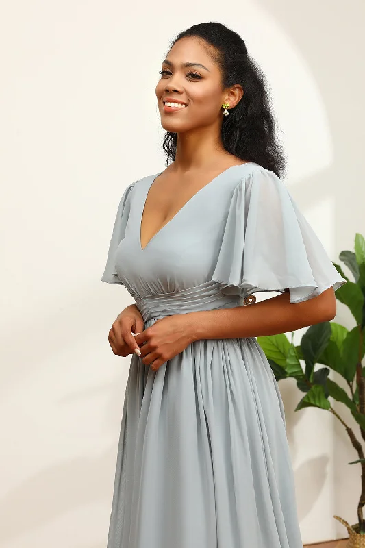 Grey V-Neck Chiffon A-Line Bridesmaid Dress