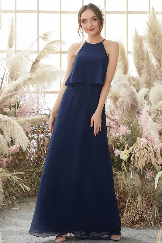 Halter Navy Chiffon Bridesmaid Dress