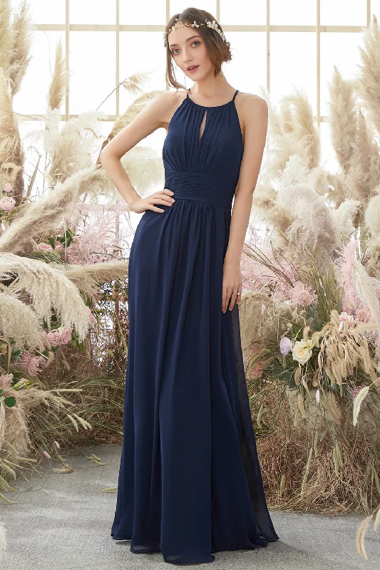 Navy Halter Chiffon Bridesmaid Dress