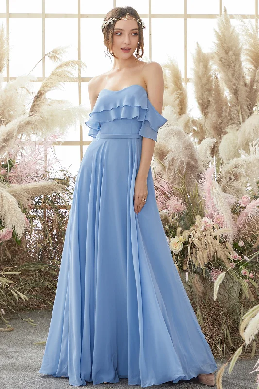 Off The Shoulder Blue Chiffon Bridesmaid Dress