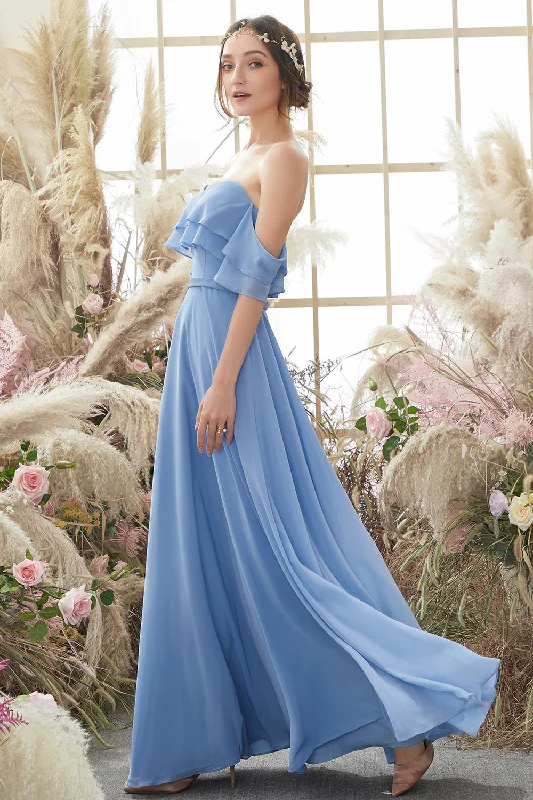 Off The Shoulder Blue Chiffon Bridesmaid Dress