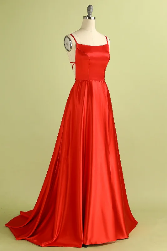 Red Backless Satin Prom Bridesmaid Dress