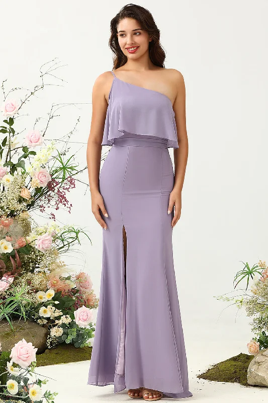 Sheath One Shoulder Purple Plus Size Bridesmaid Dress with Silt