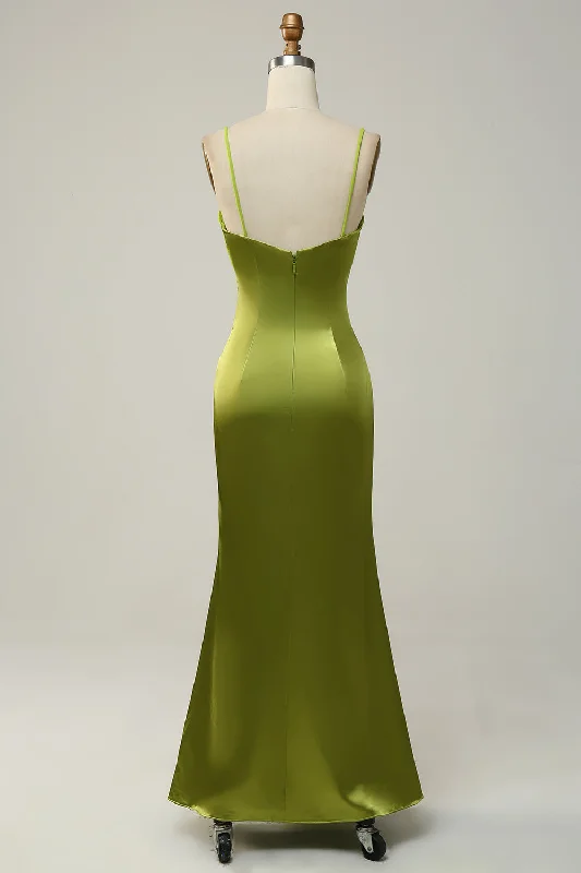 Sheath Spaghetti Straps Lemon Green Bridesmaid Dress with Silt