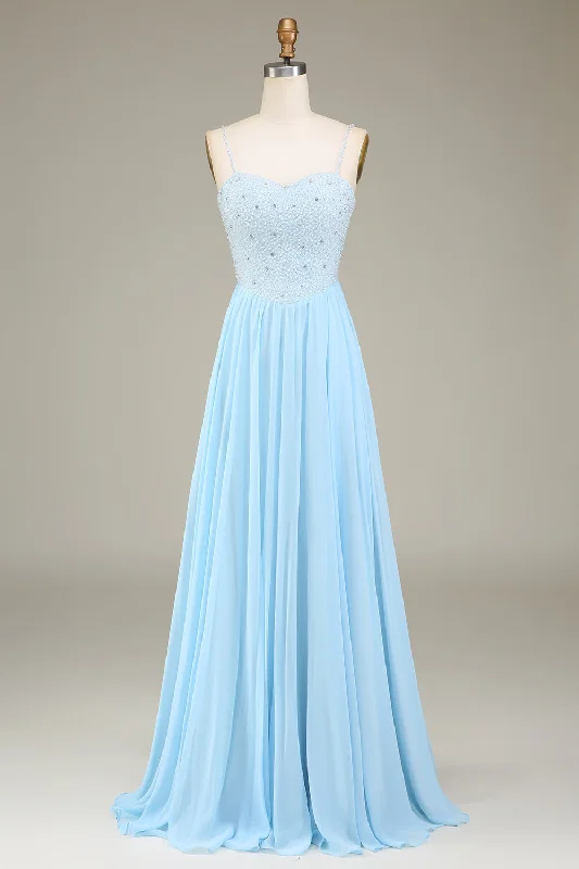 Sky Blue A-Line Spaghetti Straps Chiffon Long Bridesmaid Dress With Beading