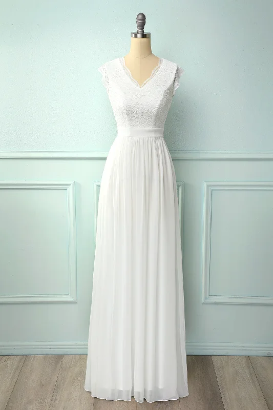 V-neck White Long Bridesmaid Dress