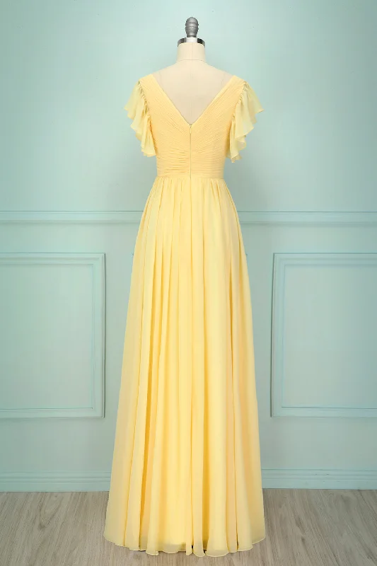 Yellow V-neck Long Bridesmaid Dress