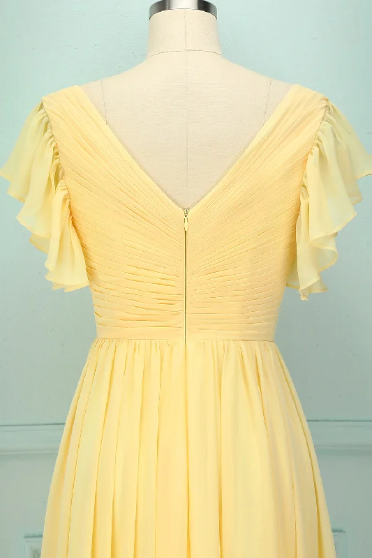 Yellow V-neck Long Bridesmaid Dress