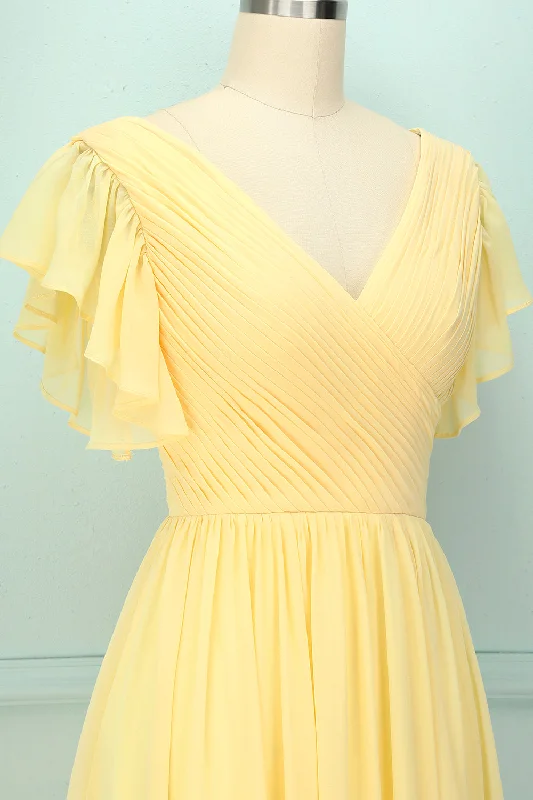 Yellow V-neck Long Bridesmaid Dress