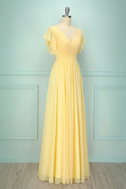 Yellow V-neck Long Bridesmaid Dress