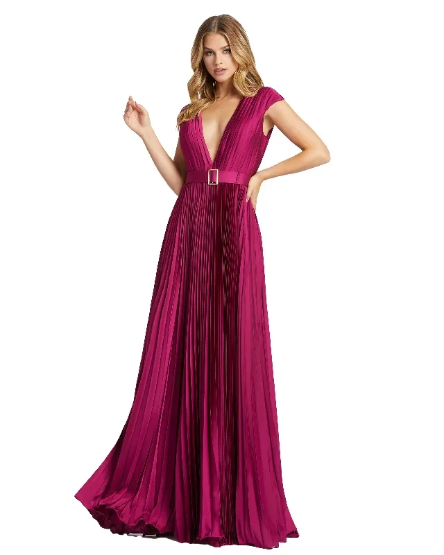 Pleated Plunge Neck Belted Satin Gown